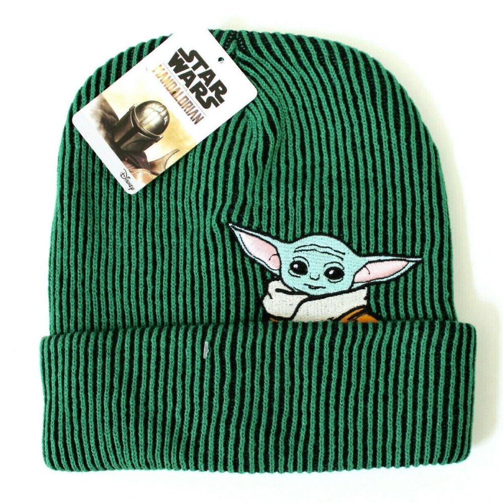 Star Wars The Child Grogu Peeking Green Stripe Beanie Hat